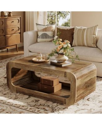 2-Tier Wooden Rectangular offee Table for Living Room,47-Inch Farmhouse Accent Center Table with Open Storage, Low Cocktail Tea Table