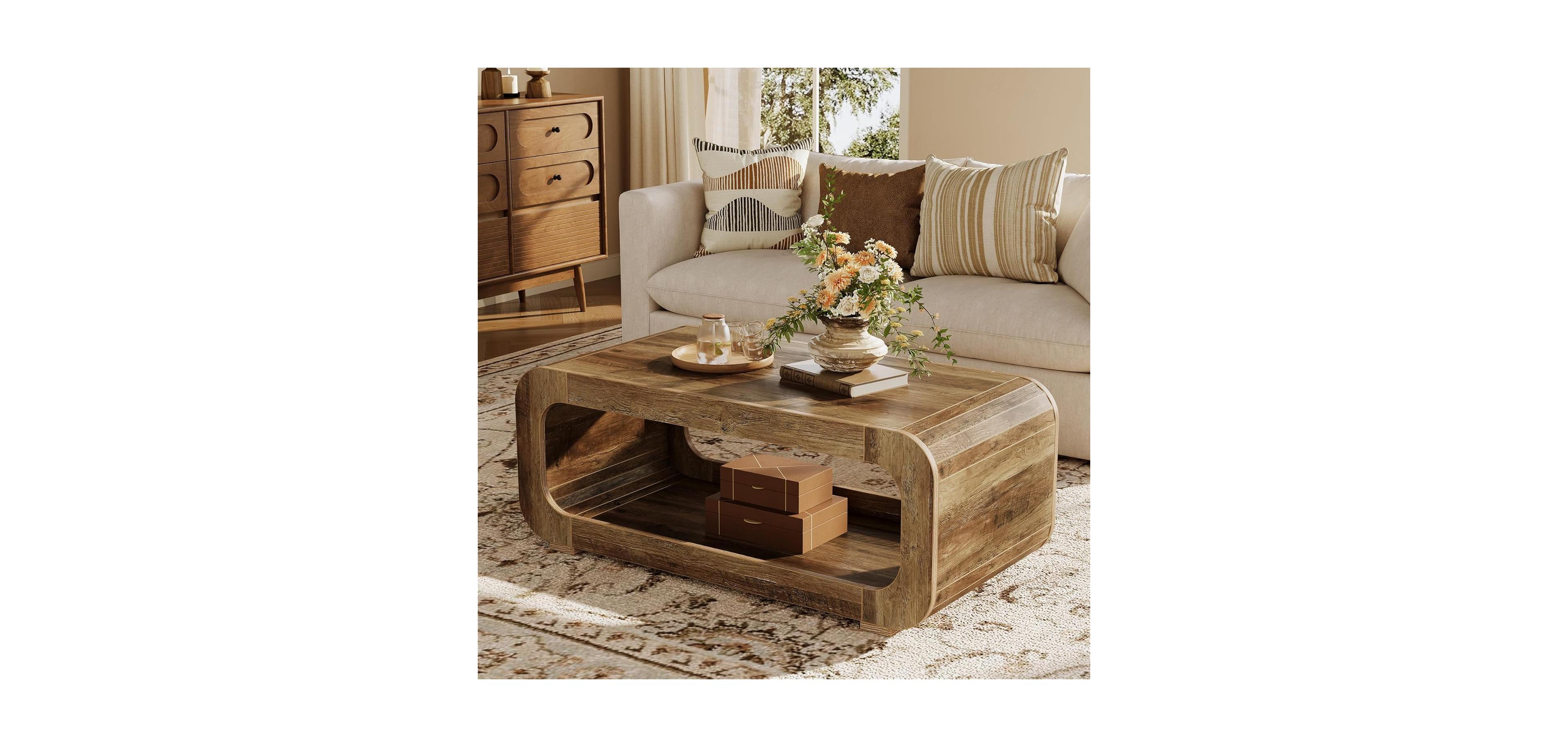 Tribesigns 2-Tier Wooden Rectangular offee Table for Living Room,47-Inch Farmhouse Accent Center Table with Open Storage, Low Cocktail Tea Table