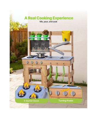 Wooden Outdoor Mud Kitchen with Stoves, Hooks, and Cookware