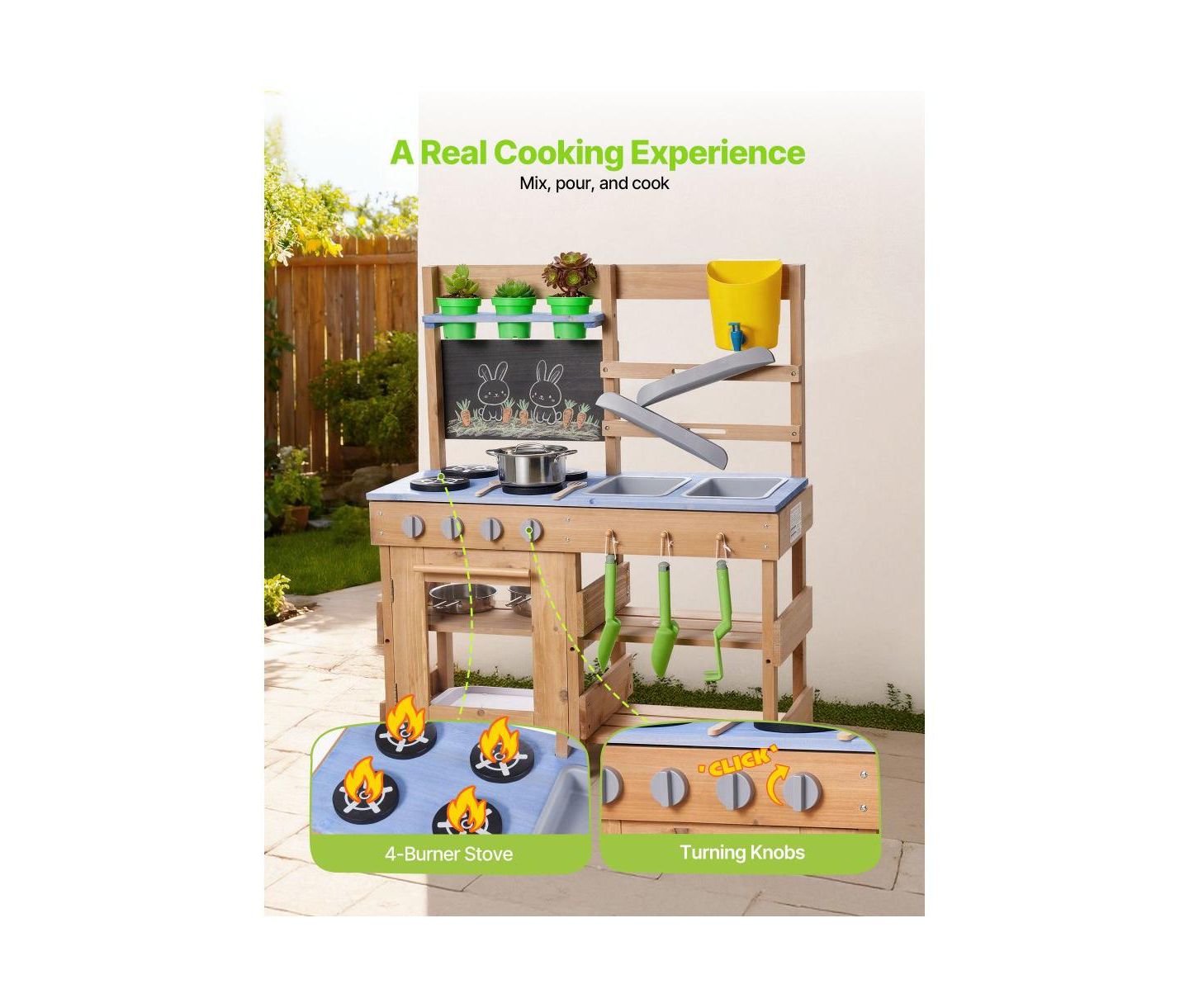 Детская игрушка Slickblue Wooden Outdoor Mud Kitchen with Stoves, Hooks, and Cookware, цвет: Синий / Коричневый — фото 8