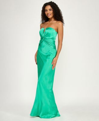 Juniors' Strapless Sweetheart Twist-Front Satin Maxi Dress