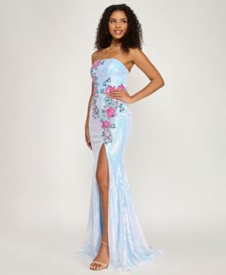 Juniors' Strapless Floral Appliqu&eacute; Sequin Maxi Dress