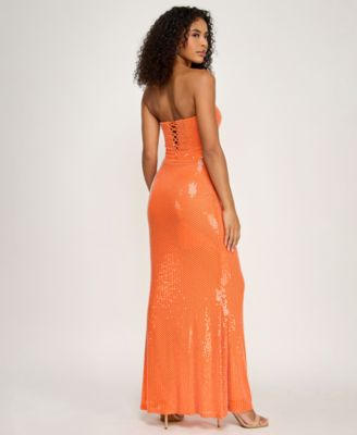 Juniors' Strapless Beaded Lace-Up Maxi Dress