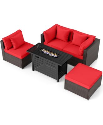 Set of 5 Patio Furniture Set Heavy-duty Frame Rattan Sofa Set w/ 60000 BTU Firepit Table