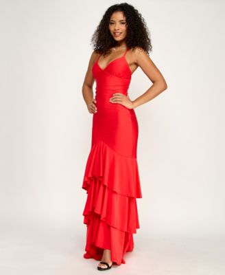 Juniors' V-Neck Tiered Tie-Back Gown