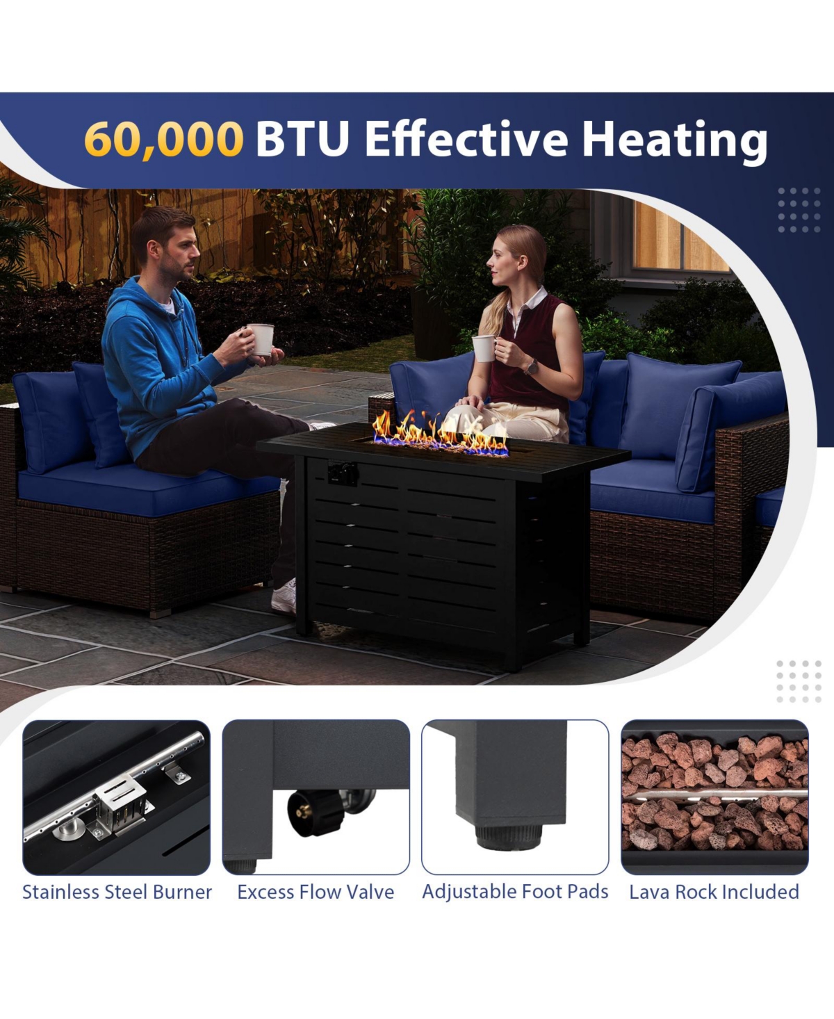 Gymax Set of 5 Patio Furniture Heavy-duty Frame Rattan Sofa w/ 60000 Btu Firepit Table