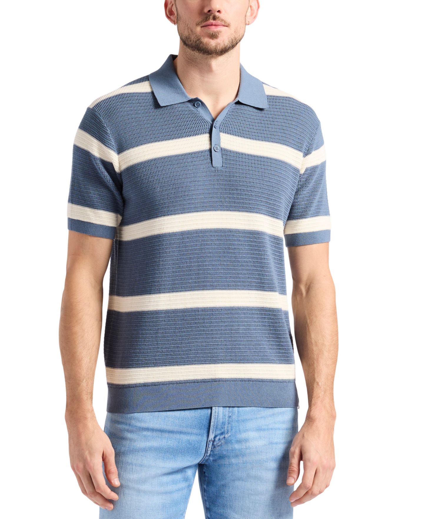 Мужской свитер Buffalo David Bitton Winder Textured Striped Polo Sweater, цвет: Стальной синий — фото 1