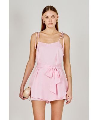 Women's Spaghetti Tie Belted Romper Dress