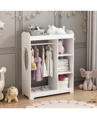 Wooden Dress Up Clothes Rack - Toddler Costume Organizer with Mirror, Hanging Rod, 3 Side Hooks, Storage Shelves and Top Shelf for Bedroom