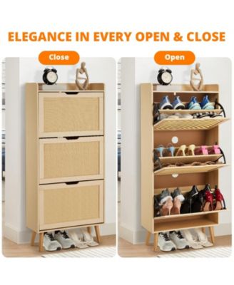 Narrow Entryway Shoe Bench, 3 Flip Drawers with Woven Rattan Front, Space-Saving Design