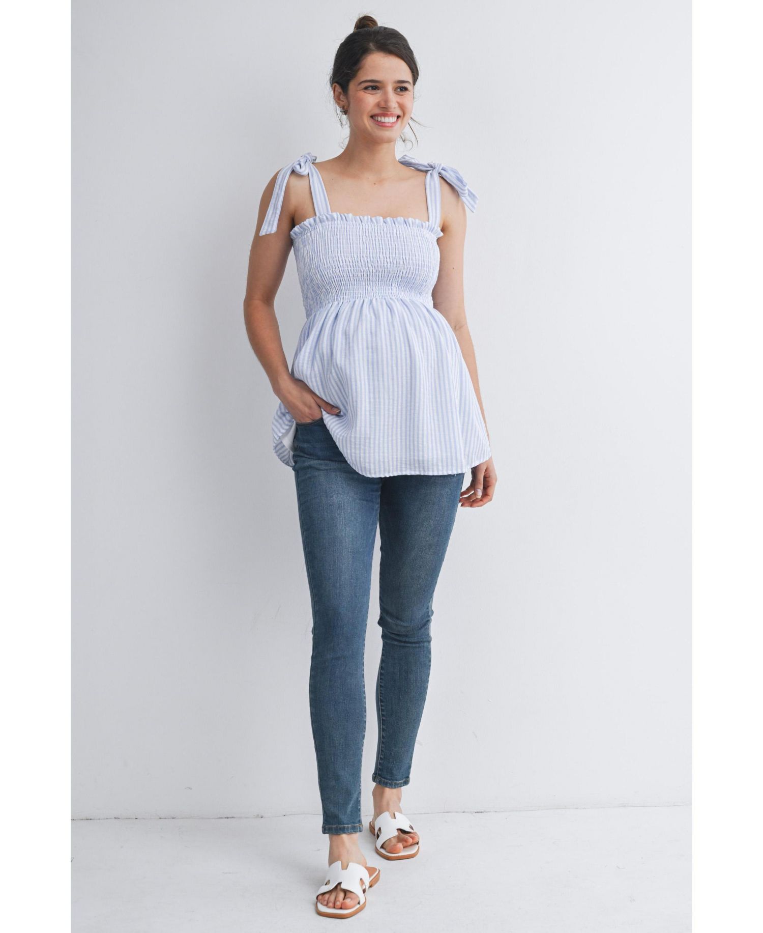 Maternity Striped Smocked Square Neck Tie Strap Top