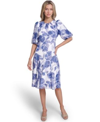 Petite Balloon-Sleeve Printed Midi Dress
