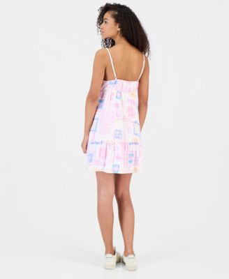 Juniors' Printed Babydoll Tie-Front Mini Dress