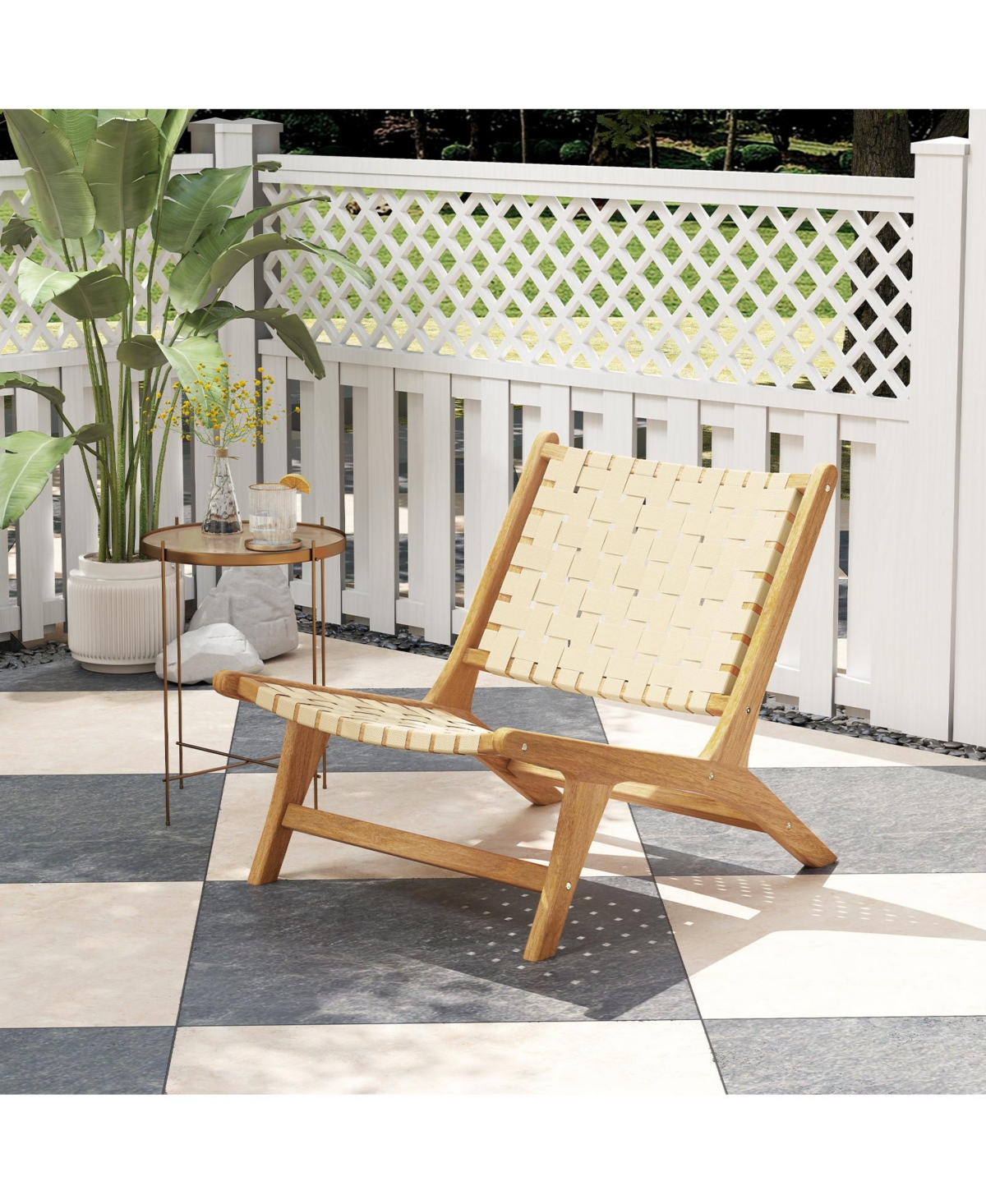 Gymax Teak Wood Patio Chair w/Webbing Seat & Backrest Mid-century Accent Chair