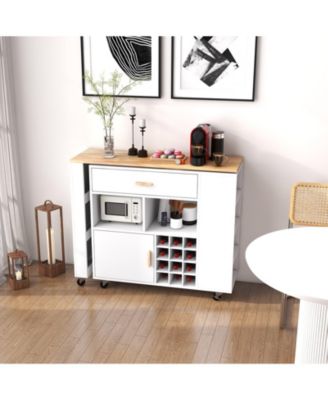 Reversible Folding Kitchen Island Cart with Wine Rack, Spice Rack, Rolling Wheels