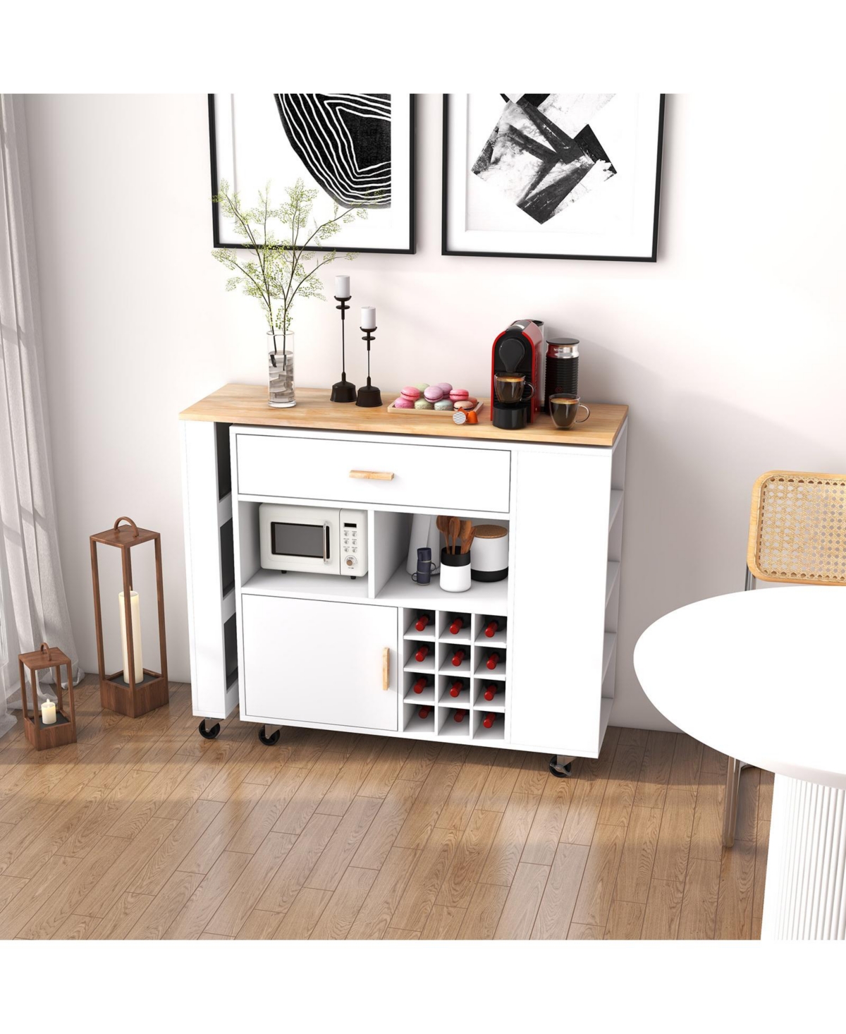 Volenca Reversible Folding Kitchen Island Cart with Wine Rack, Spice Rack, Rolling Wheels