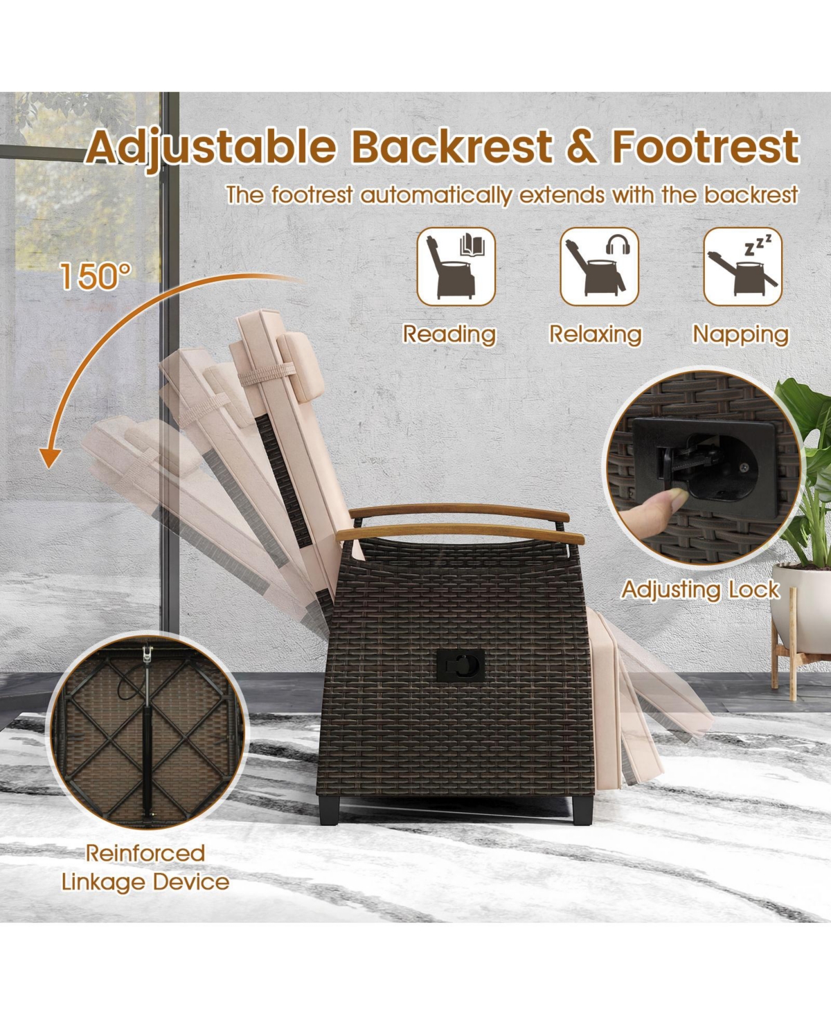 Gymax Set of 2 Patio Wicker Recliner Chair Rattan Lounge Chair w/ Adjustable Backrest&Footrest