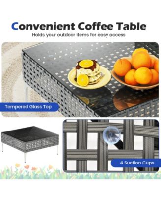 Set Of 3 Patio Furniture w/ Tempered Glass Coffee Table Soft Back & Seat Cushions