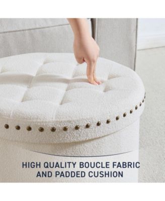 Large 20" Round Collapsible Storage Ottoman with Nailhead Trim