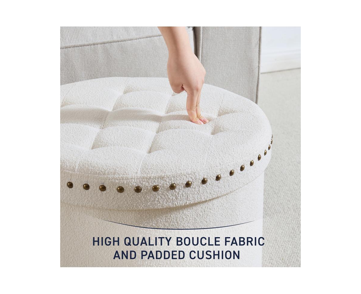 Ornavo Home Large 20" Round Collapsible Storage Ottoman with Nailhead Trim