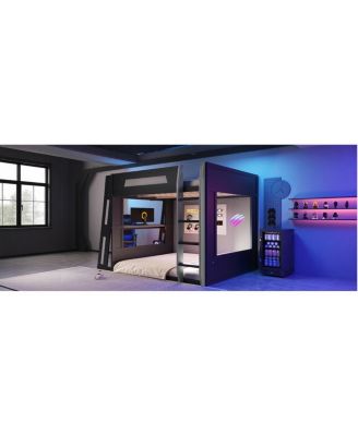 Queen Size Wooden Gaming Bunk Bed with Desk, USB & LED