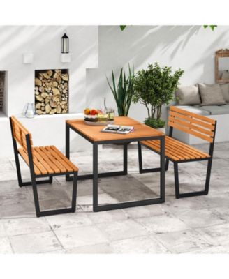 Outdoor Bench Acacia Wood Patio Loveseat w/ Backrest & Heavy Duty Metal Frame