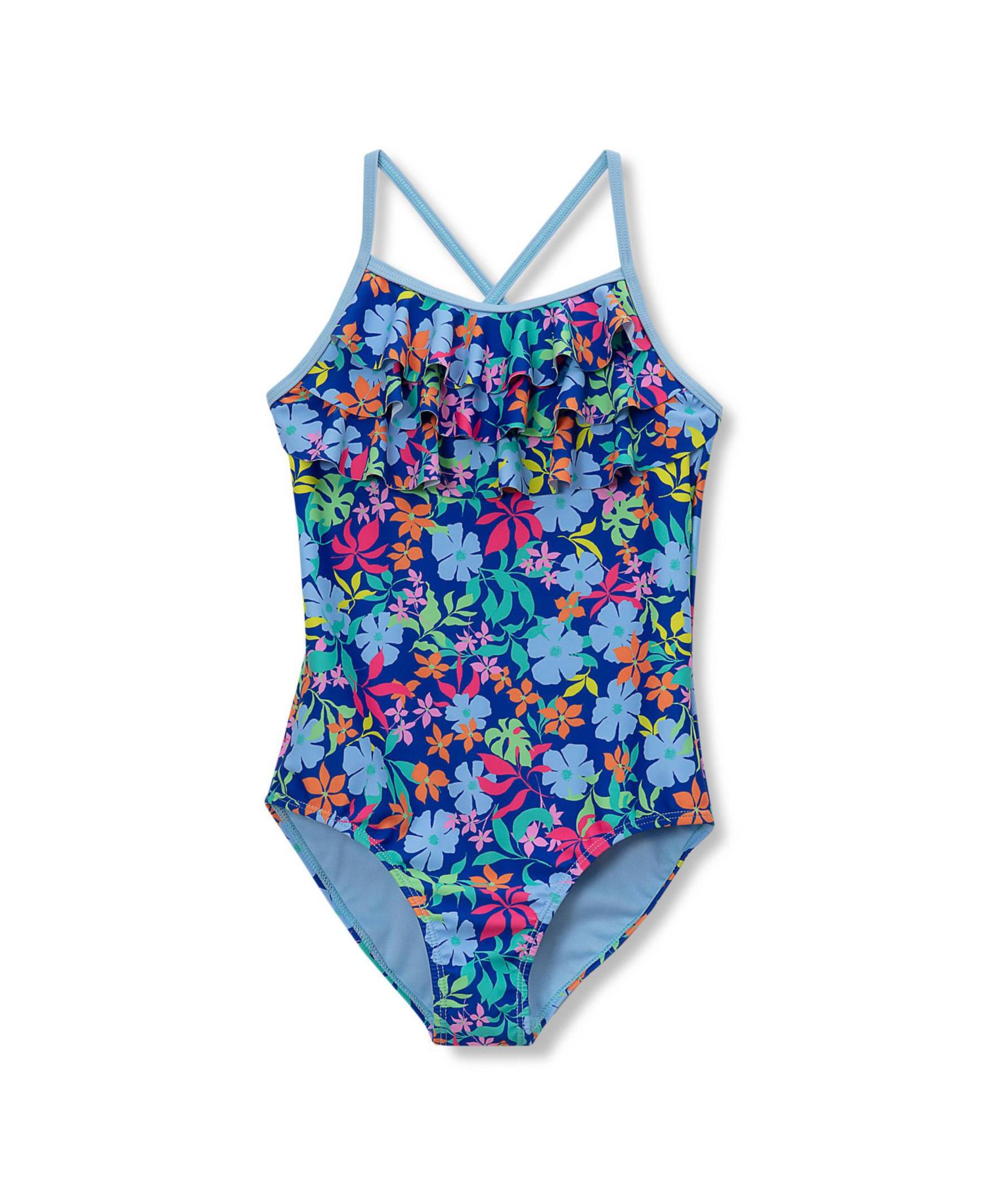 Girls Child Chlorine Resistant X-Back Ruffle One Piece Swimsuit