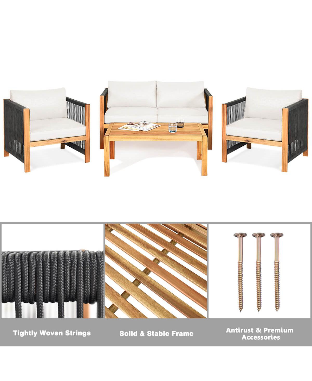 Gymax Set Of 4 Wood Outdoor Patio Furniture Set w/Cushions Cushion Cover Sets