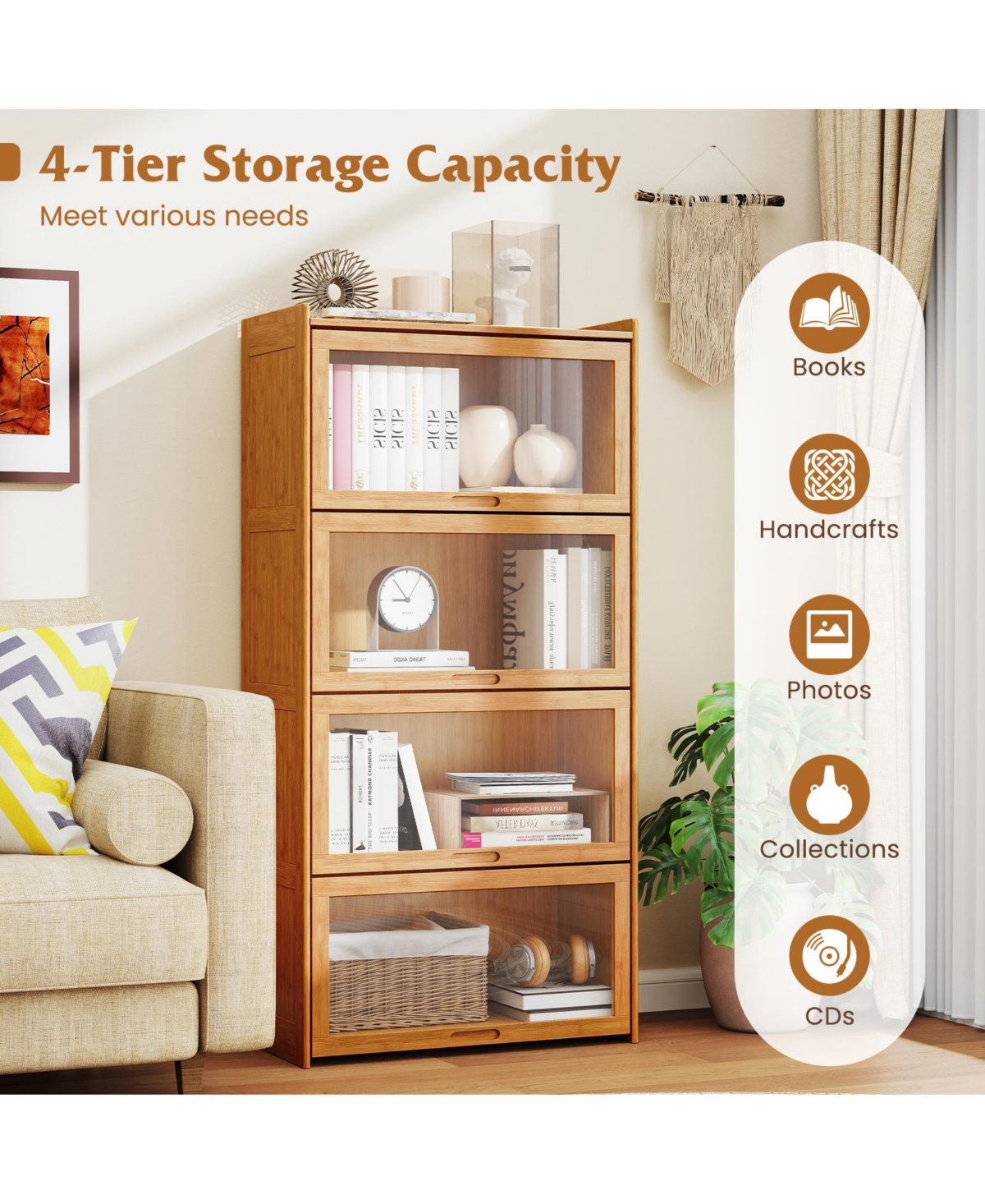 Sugift 4-Tier Bamboo Bookcase with Doors for Study Room Living Room