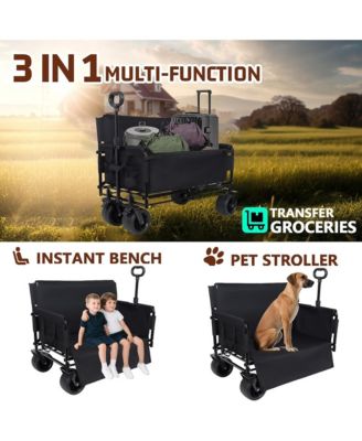 Convertible Folding Wagon Cart - Heavy-Duty Utility Wagon with Bench Seat, All-Terrain Wheels and Storage for Camping, Beach, Garden