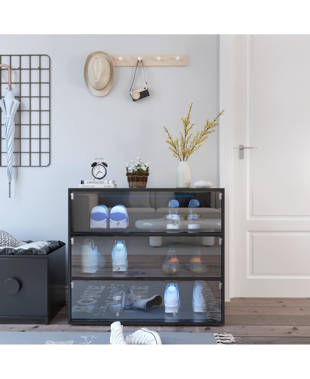 Rainsken -Tier Wooden Shoe Box, Stackable Sneaker Display Box with Rgb Led Light