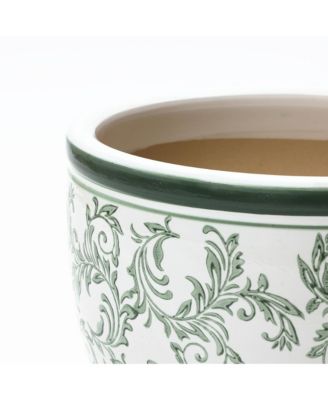 Green Paisley Ceramic Planter, 15.55" Round, Indoor & Outdoor Flower Pot
