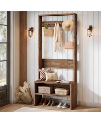 70.8” Tall Freestanding Coat Rack with Shoe Bench, 7 Hooks & 2 Shelves, Wood Hall Tree with Bench and Shoe Storage