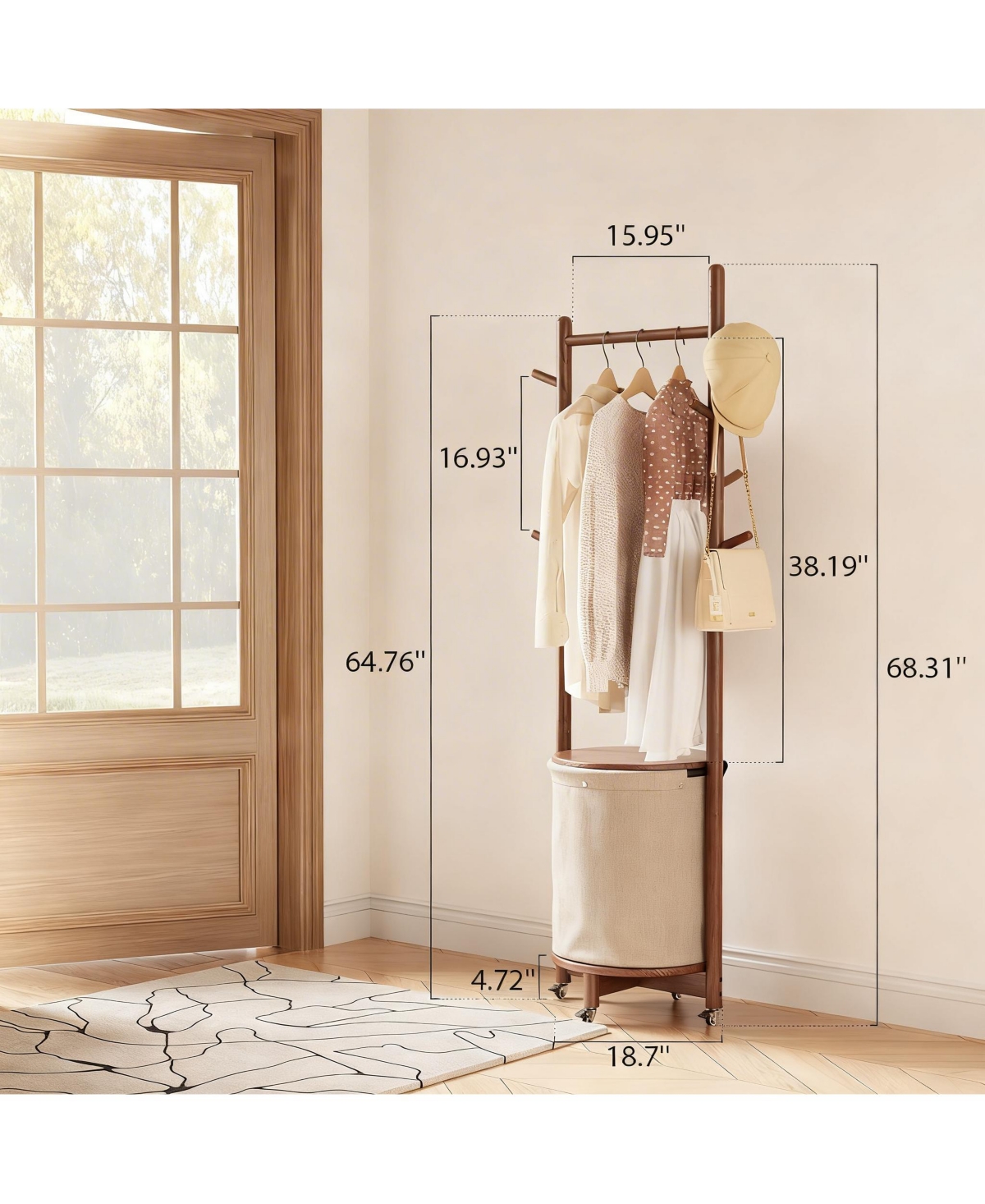 Yigii Solid Wood 9-Hook Coatrack with Wheels & Fabric Basket