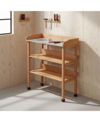 3 Layers Outdoor Work Bench w/Hook, Metal Tabletop, Solid Wood Workstation