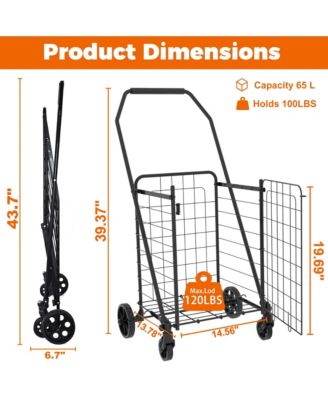 Folding Shopping Cart, Grocery Cart with 360° Swivel Wheels, Open Door for Groceries and Laundry