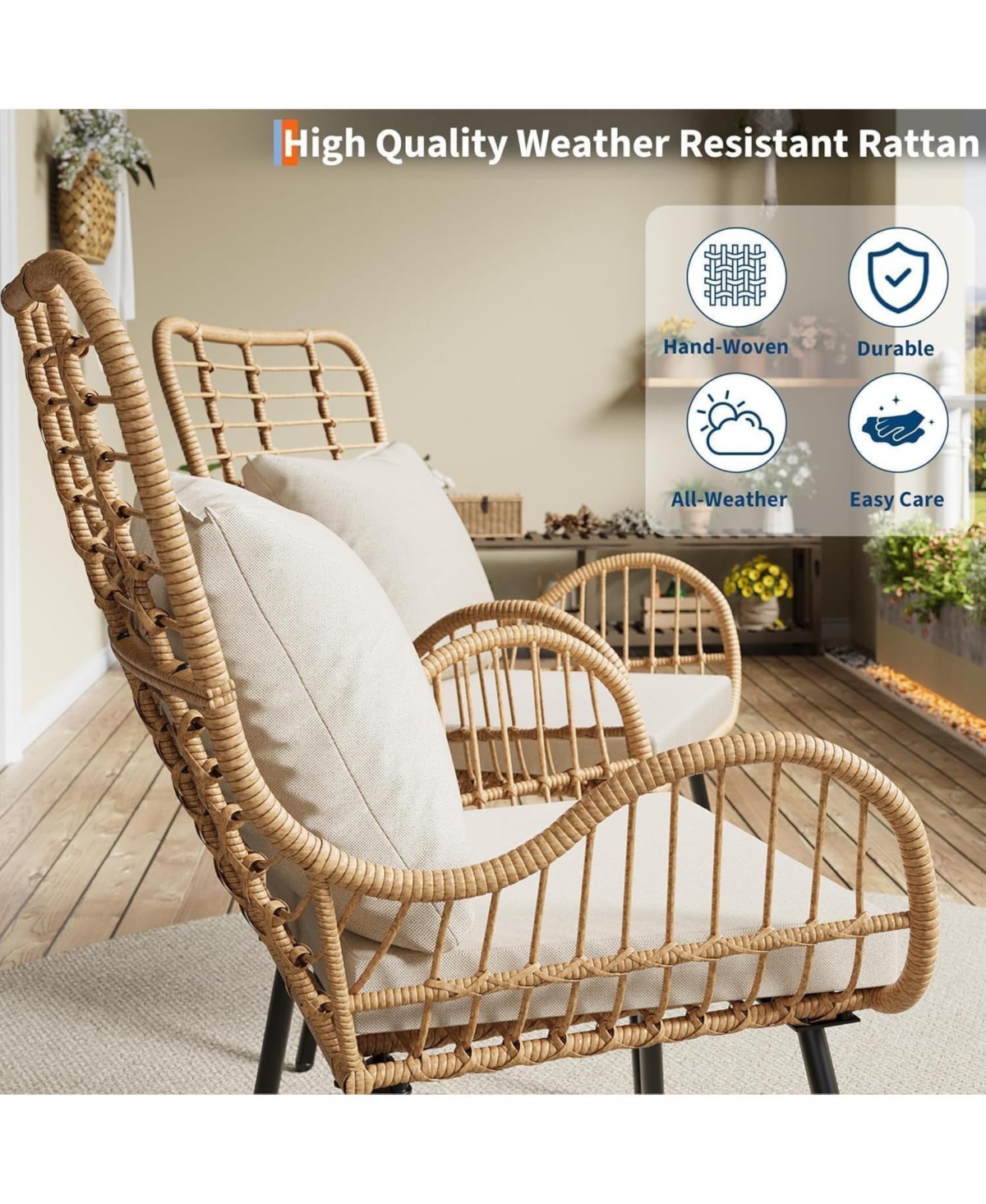 gaomon Wicker Patio Chairs Set of 4, Outdoor Rattan Furniture with Cushions & Pillows, Boho Patio Chairs for Porch, Garden, All-Weather
