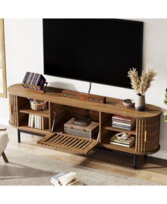 70" TV Stand for TVs up to 80", Wood TV Console with Metal Legs & Sliding Doors, Entertainment Center, Walnut