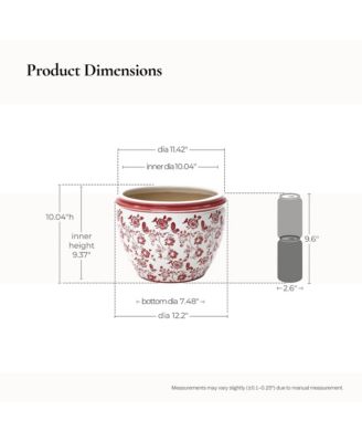 Red Floral Ceramic Planter, 12.2" Round, Indoor & Outdoor Garden Pot