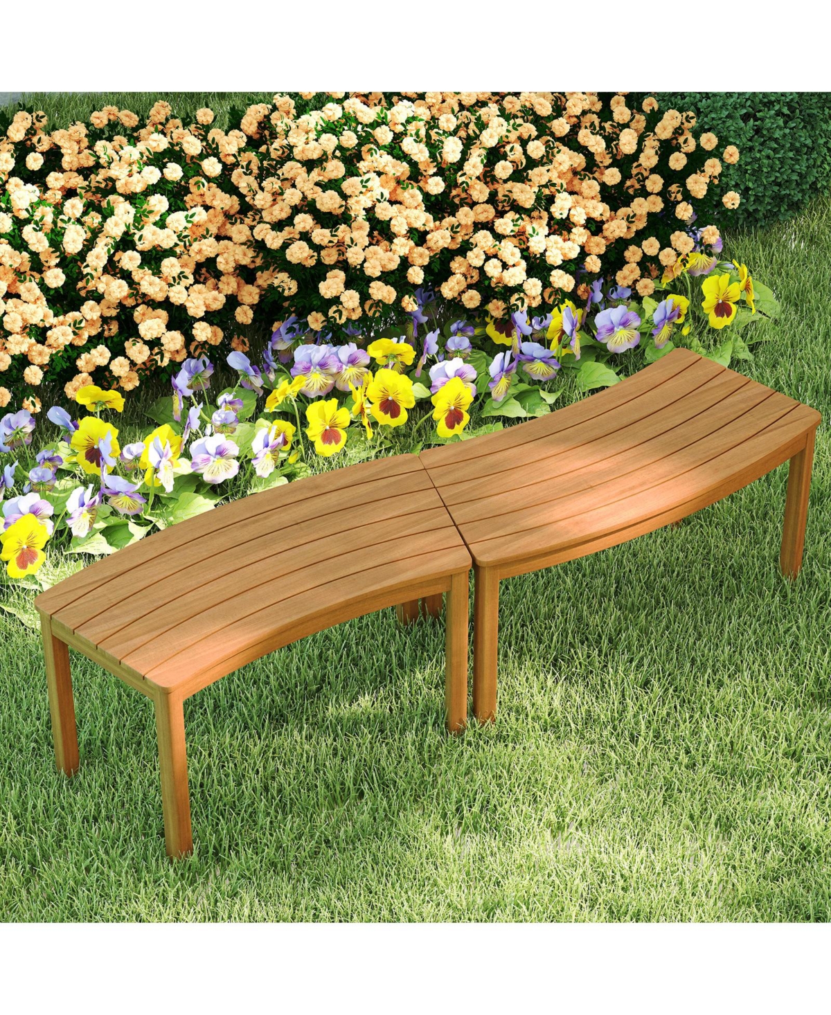 Gymax Outdoor Curved Acacia Wood Bench Set of Patio Garden Backless Fire Pit Bench