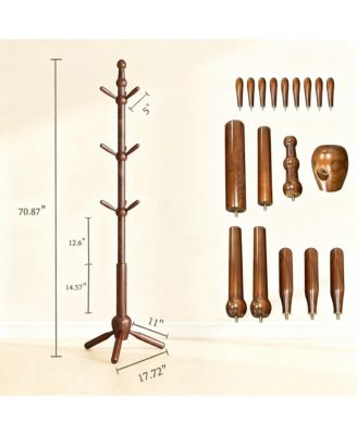Solid Wood Coat Rack, 9 Hooks, Adjustable Height, Multi-Scenario Use