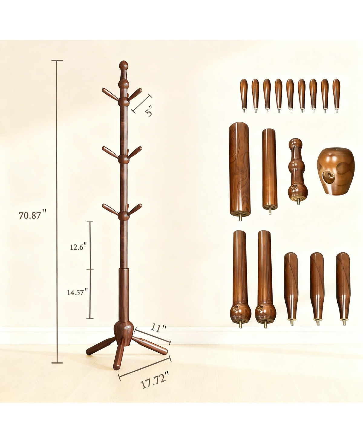 Yigii Solid Wood Coat Rack, 9 Hooks, Adjustable Height, Multi-Scenario Use