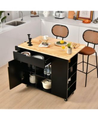 Drop-Leaf Rolling Kitchen Island Cart with Rubber Wood Top