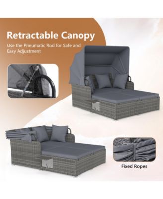 Patio Rattan Daybed Lounge Retractable Top Canopy Side Tables Cushions