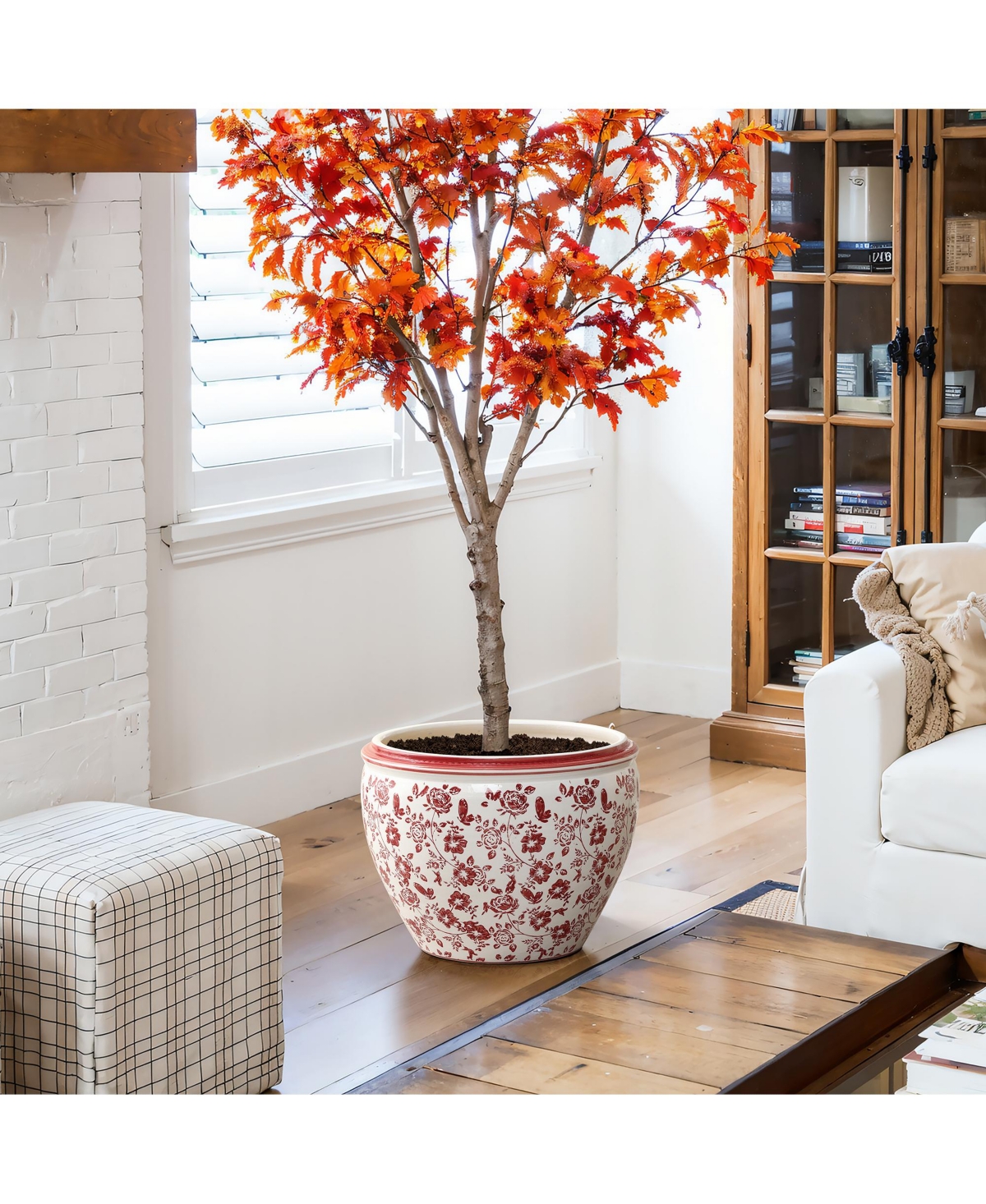 LuxenHome Red Floral Ceramic Planter, 17.1" Round, Indoor & Outdoor Garden Pot