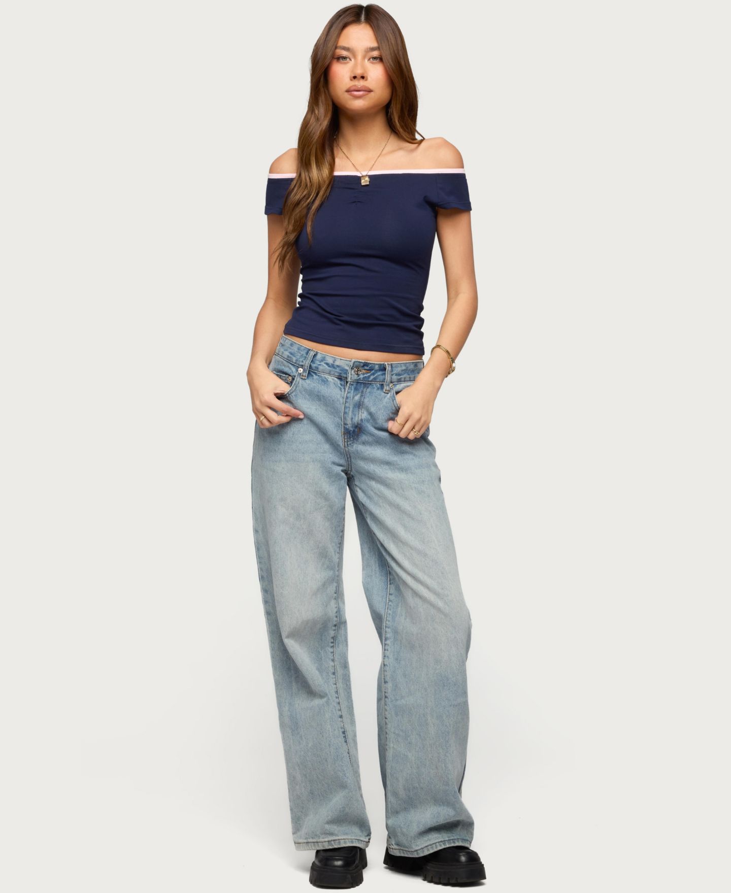 Женский топ Edikted Dellah Contrast Off Shoulder, цвет: Тёмно-синий — фото 5