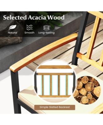 Set Of 7 Patio Acacia Wood Dining Set w/ Soft Seat Cushions Umbrella Hole Outdoor
