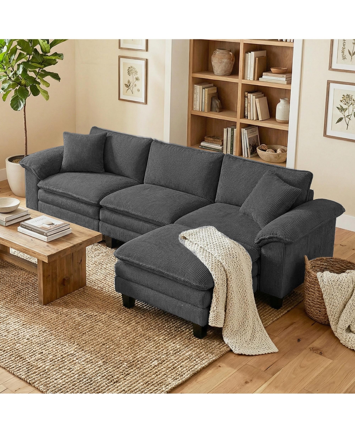 Homcom Sectional Sofa, L Shaped Couch with Deep Seat, Ottoman