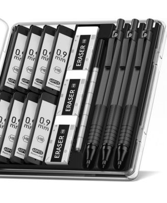 0.9mm Metal Mechanical Pencil Set - 3PCS Artist Pencil with 8 Tubes HB Lead Refills and 3 Erasers for Writing, Drawing