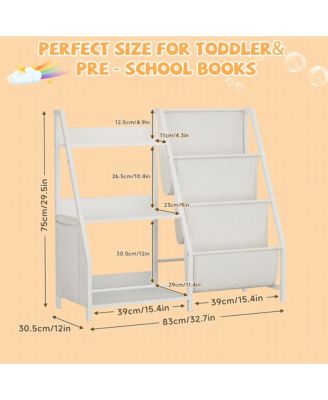 Kids Bookshelf and Toy Organizer - 3 Tier Wooden & Fabric Bookcase with Anti-Tip Kit for Playroom, Nursery, Classroom